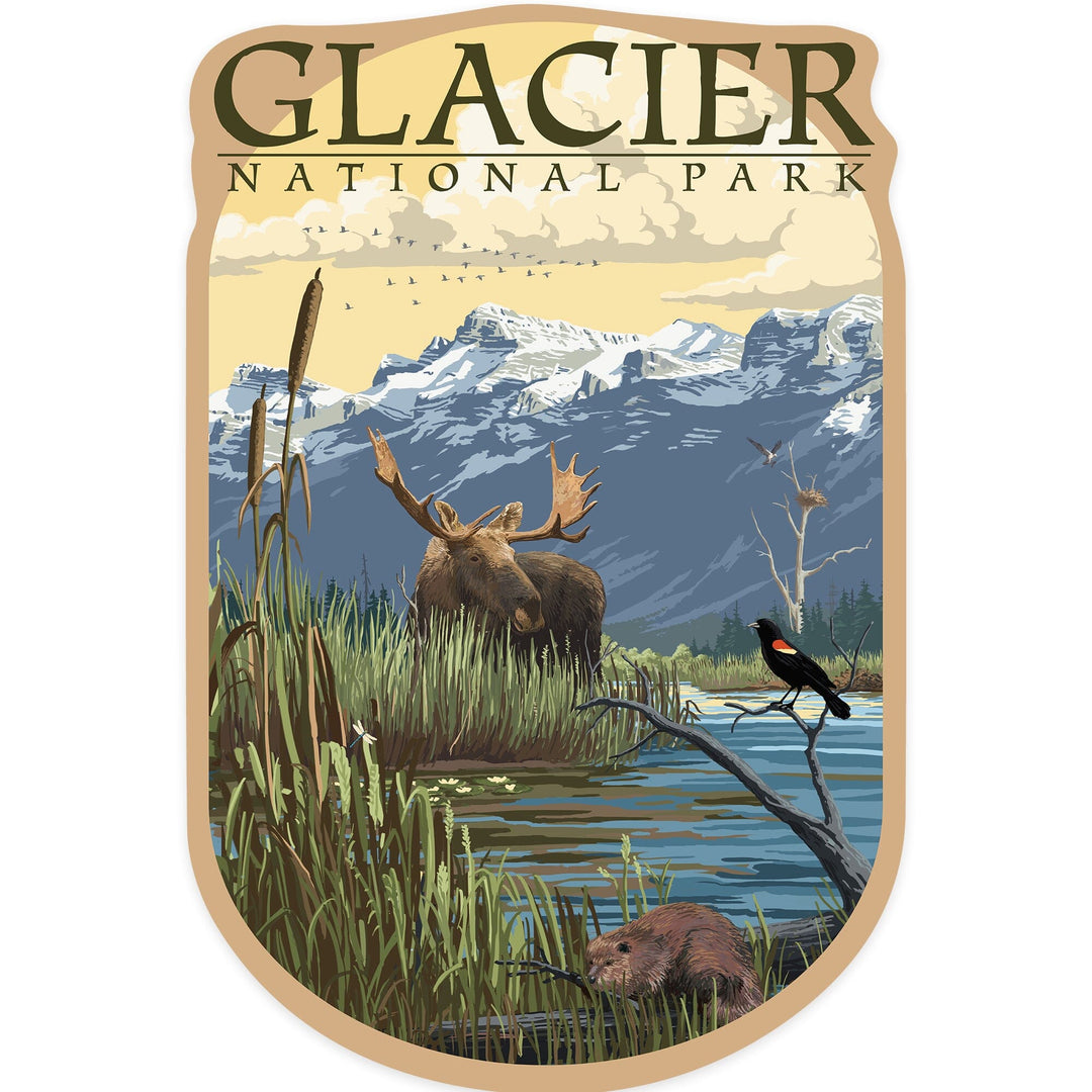 Glacier National Park, Montana, Mountain & Marsh Scene, Contour, Lantern Press Artwork, Vinyl Sticker - Lantern Press