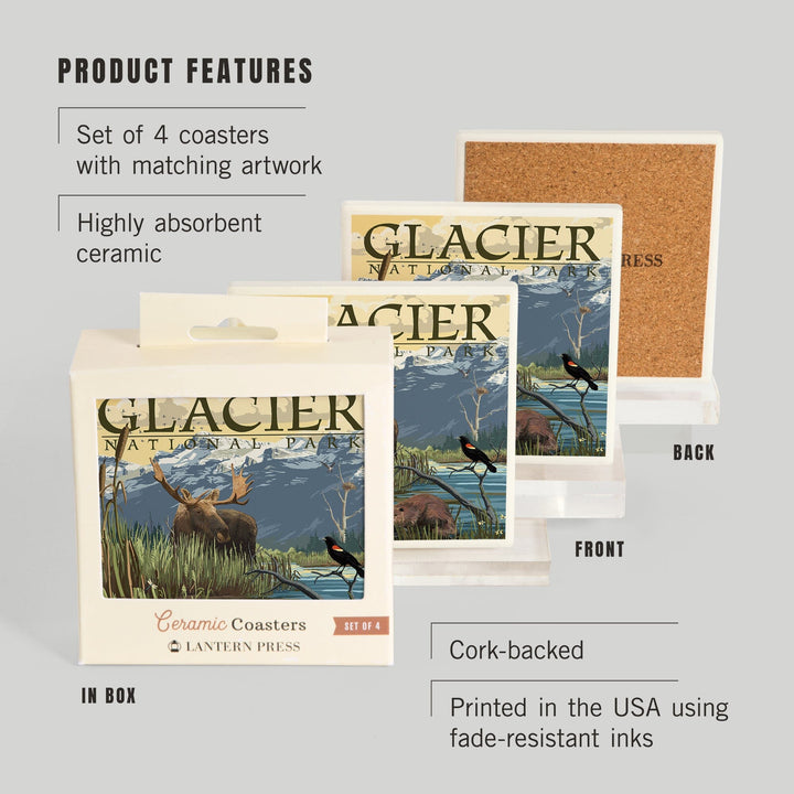 Glacier National Park, Montana, Mountain & Marsh Scene, Lantern Press Artwork, Coaster Set - Lantern Press