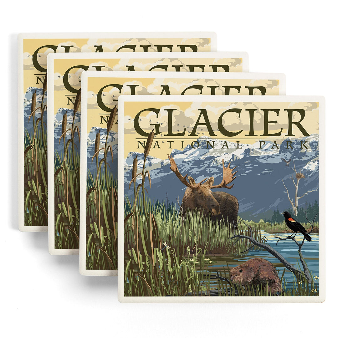 Glacier National Park, Montana, Mountain & Marsh Scene, Lantern Press Artwork, Coaster Set - Lantern Press