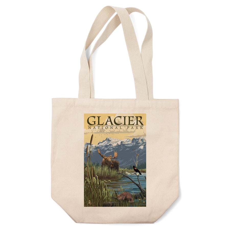 Glacier National Park, Montana, Mountain & Marsh Scene, Lantern Press Artwork, Tote Bag Totes Lantern Press 