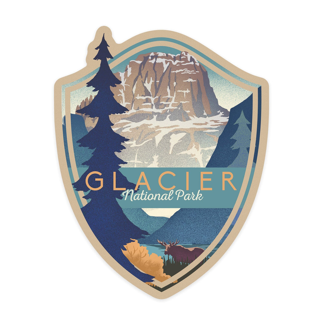 Glacier National Park, Montana, Mountain Scene, Lithograph, Contour, Lantern Press Artwork, Vinyl Sticker Sticker Lantern Press 