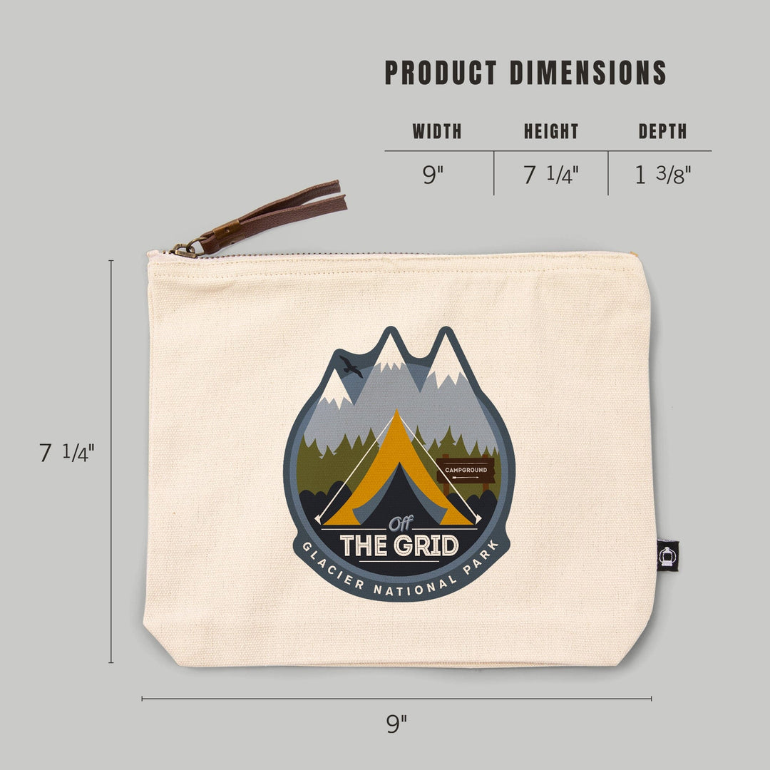 Glacier National Park, Montana, Off the Grid, Tent, Vector,, Organic Cotton Zipper Pouch, Go Bag Go Bag Lantern Press 