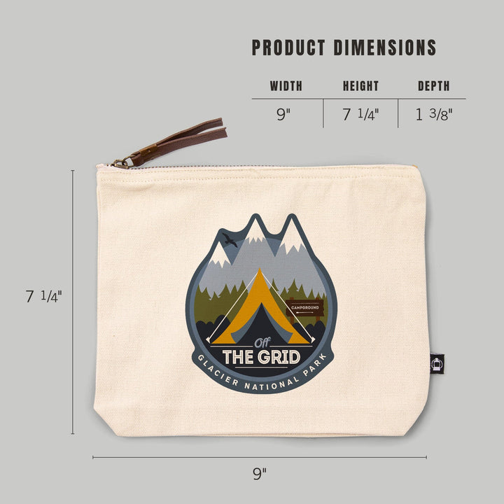 Glacier National Park, Montana, Off the Grid, Tent, Vector,, Organic Cotton Zipper Pouch, Go Bag Go Bag Lantern Press 