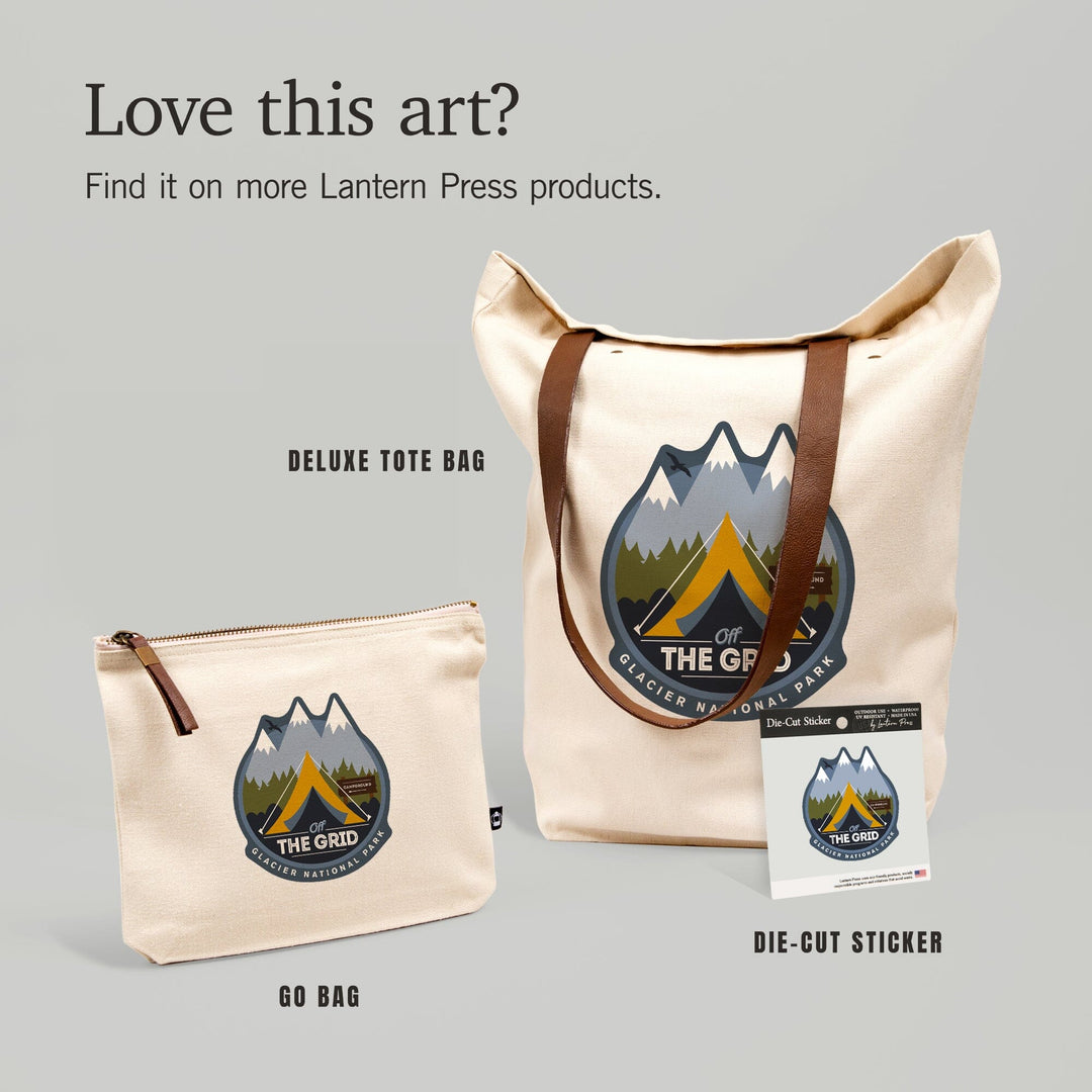 Glacier National Park, Montana, Off the Grid, Tent, Vector,, Organic Cotton Zipper Pouch, Go Bag Go Bag Lantern Press 
