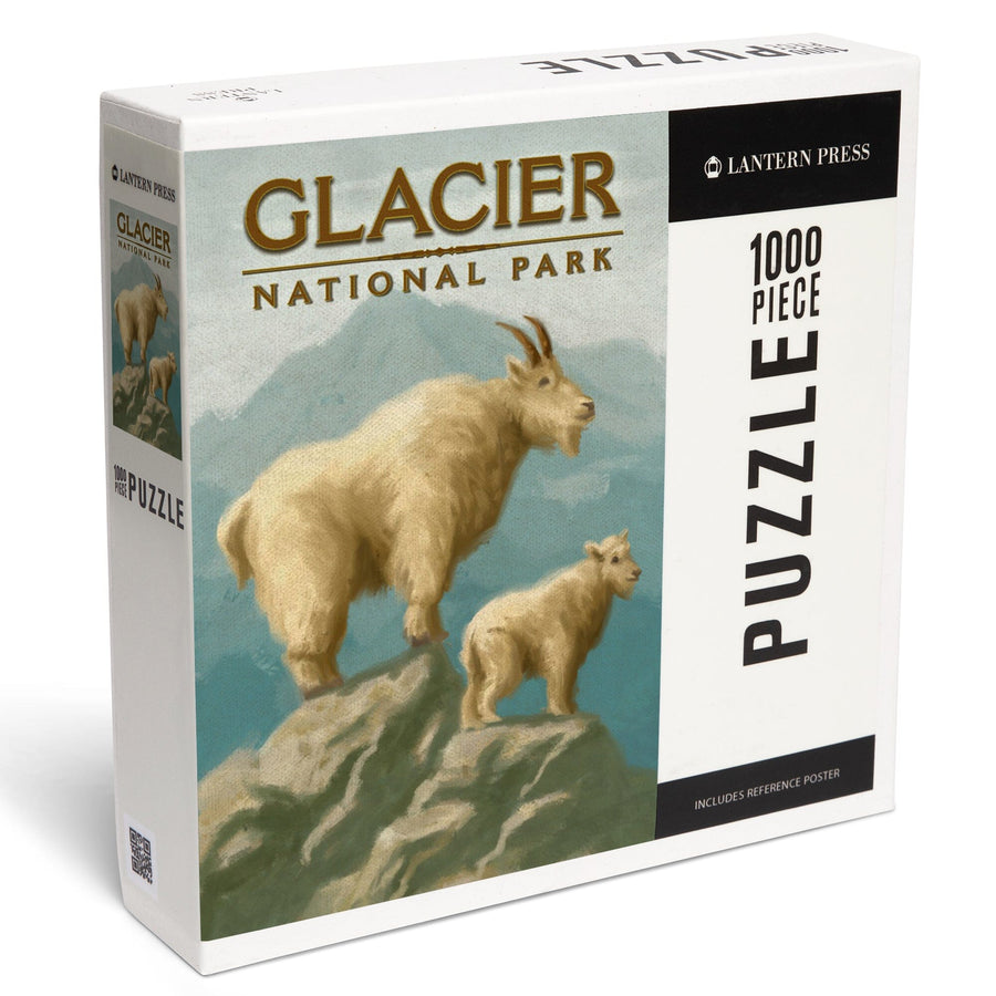 Glacier National Park, Montana, Oil Painting, Mountain Goats, Jigsaw Puzzle Puzzle Lantern Press 
