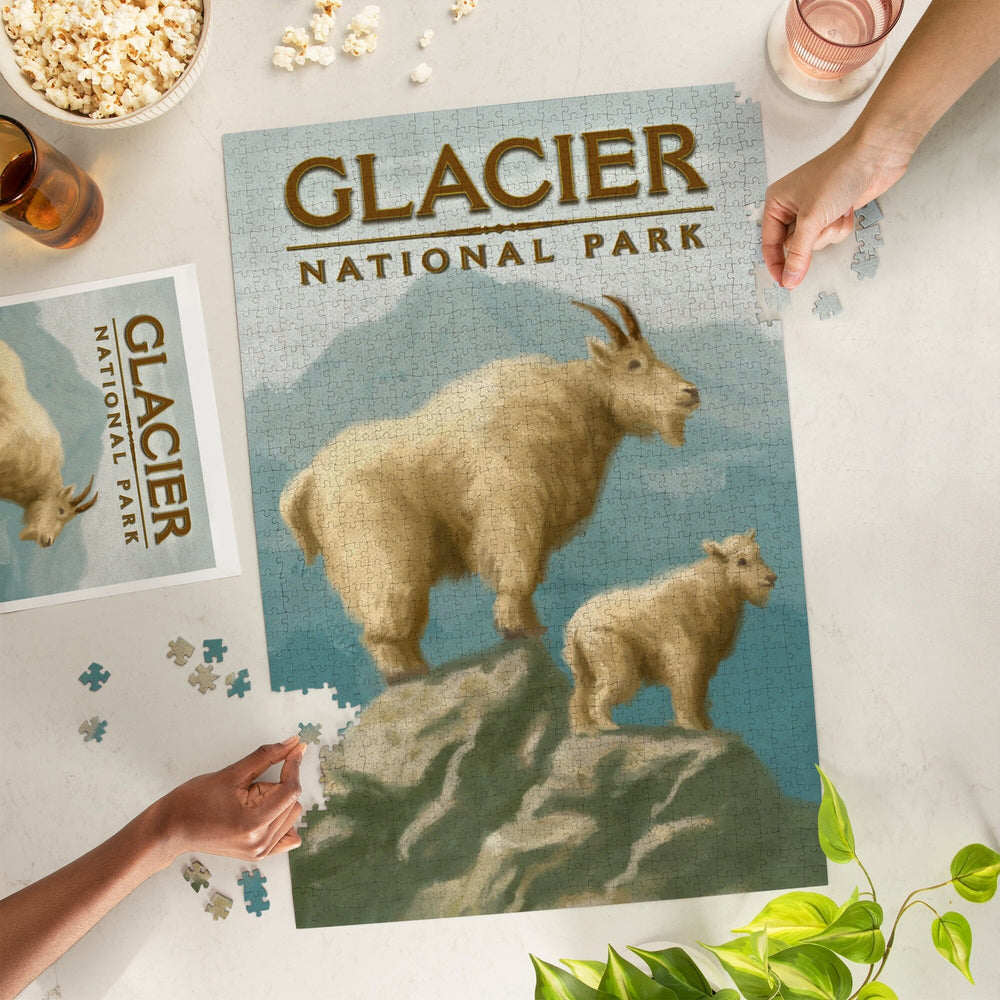 Glacier National Park, Montana, Oil Painting, Mountain Goats, Jigsaw Puzzle Puzzle Lantern Press 