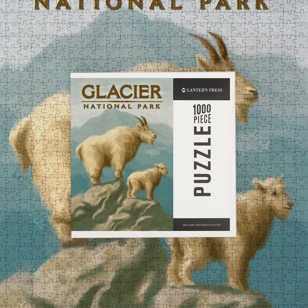 Glacier National Park, Montana, Oil Painting, Mountain Goats, Jigsaw Puzzle Puzzle Lantern Press 