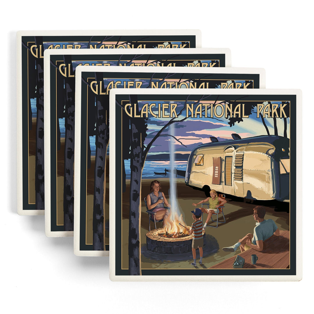 Glacier National Park, Montana, Retro Camper and Lake, Coasters Coasters Lantern Press 
