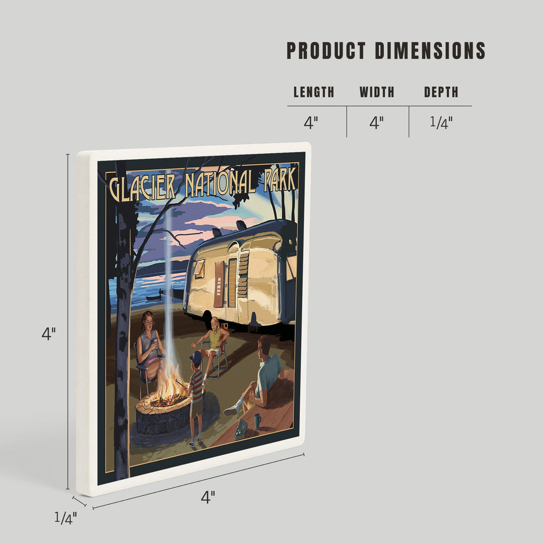 Glacier National Park, Montana, Retro Camper and Lake, Coasters Coasters Lantern Press 