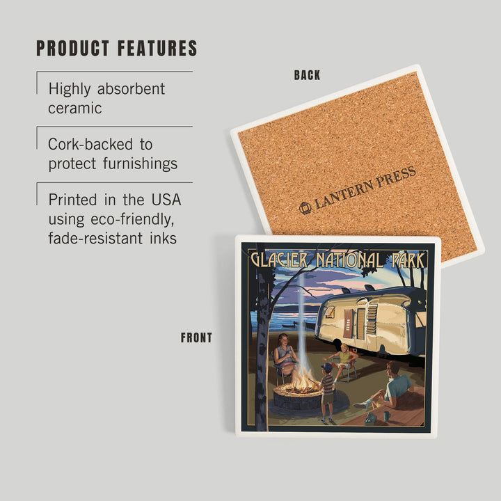 Glacier National Park, Montana, Retro Camper and Lake, Coasters Coasters Lantern Press 