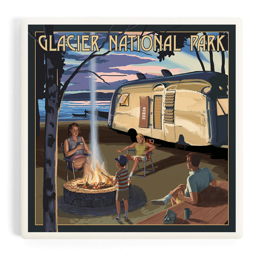 Glacier National Park, Montana, Retro Camper and Lake, Coasters Coasters Lantern Press 