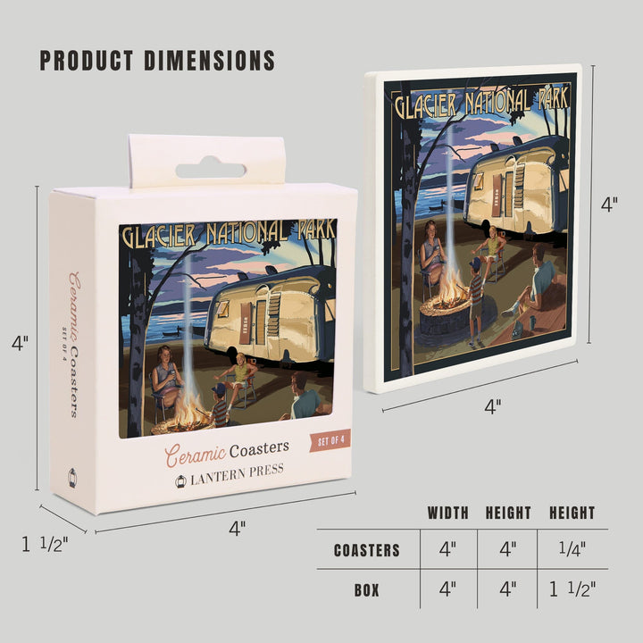 Glacier National Park, Montana, Retro Camper and Lake, Coasters Coasters Lantern Press 