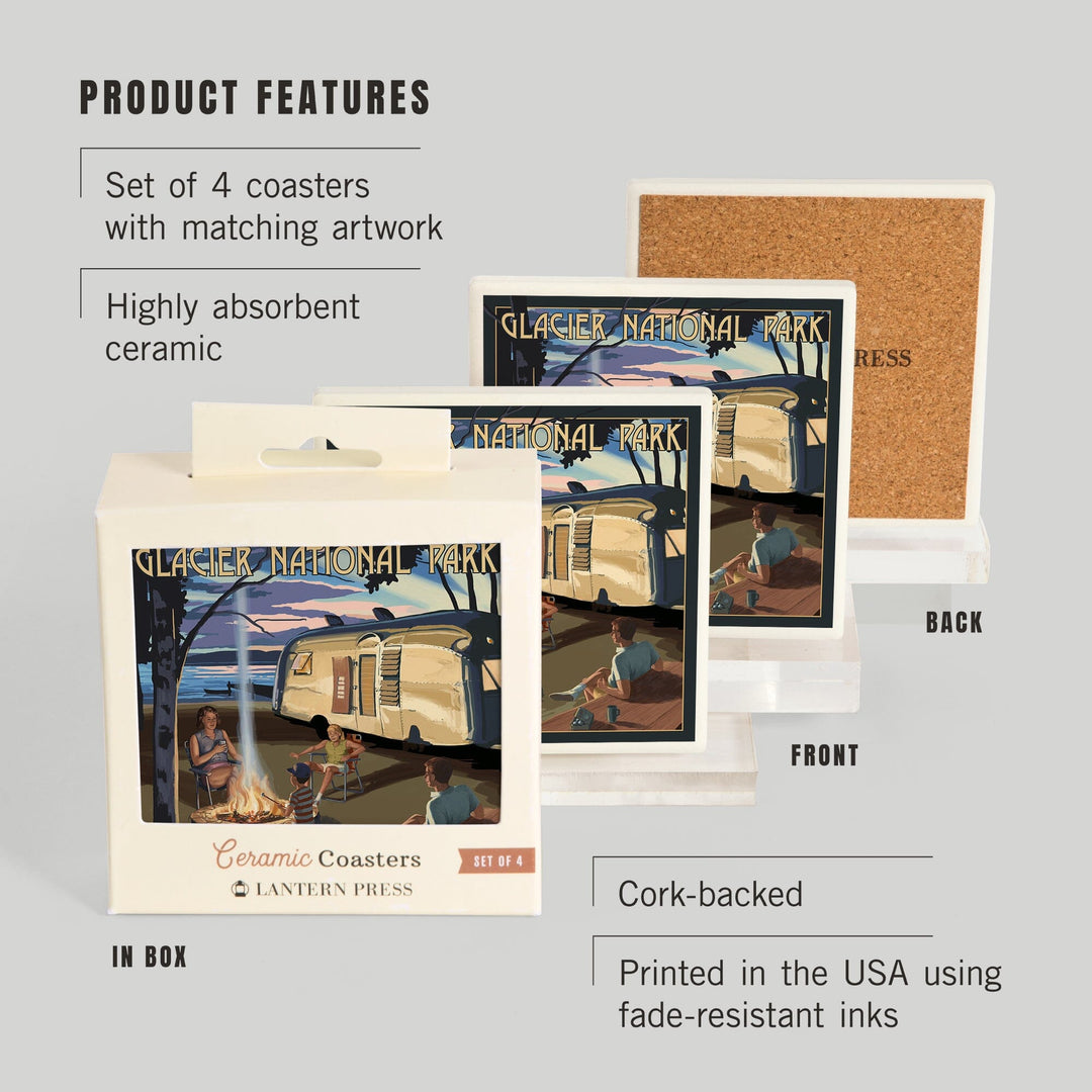 Glacier National Park, Montana, Retro Camper and Lake, Coasters Coasters Lantern Press 