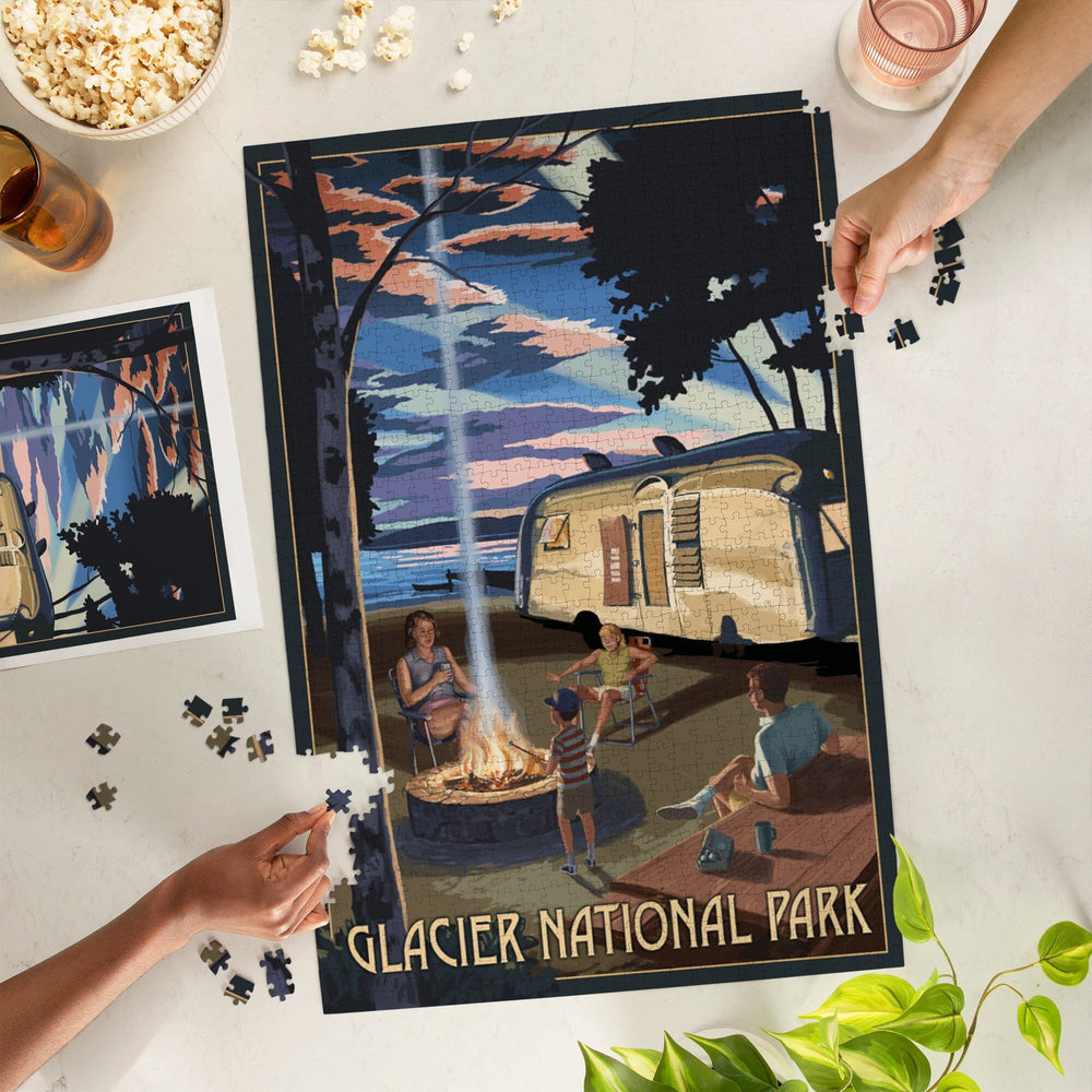 Glacier National Park, Montana, Retro Camper and Lake, Jigsaw Puzzle Puzzle Lantern Press 