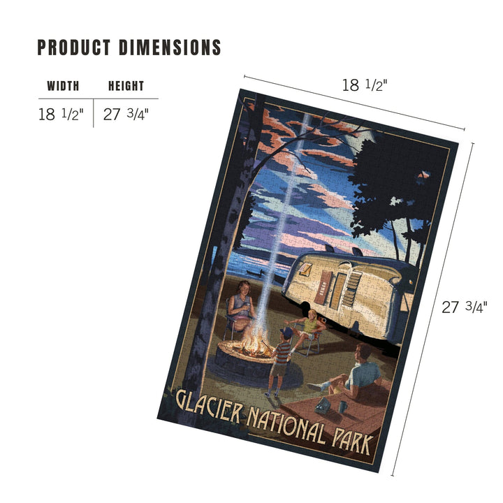 Glacier National Park, Montana, Retro Camper and Lake, Jigsaw Puzzle Puzzle Lantern Press 