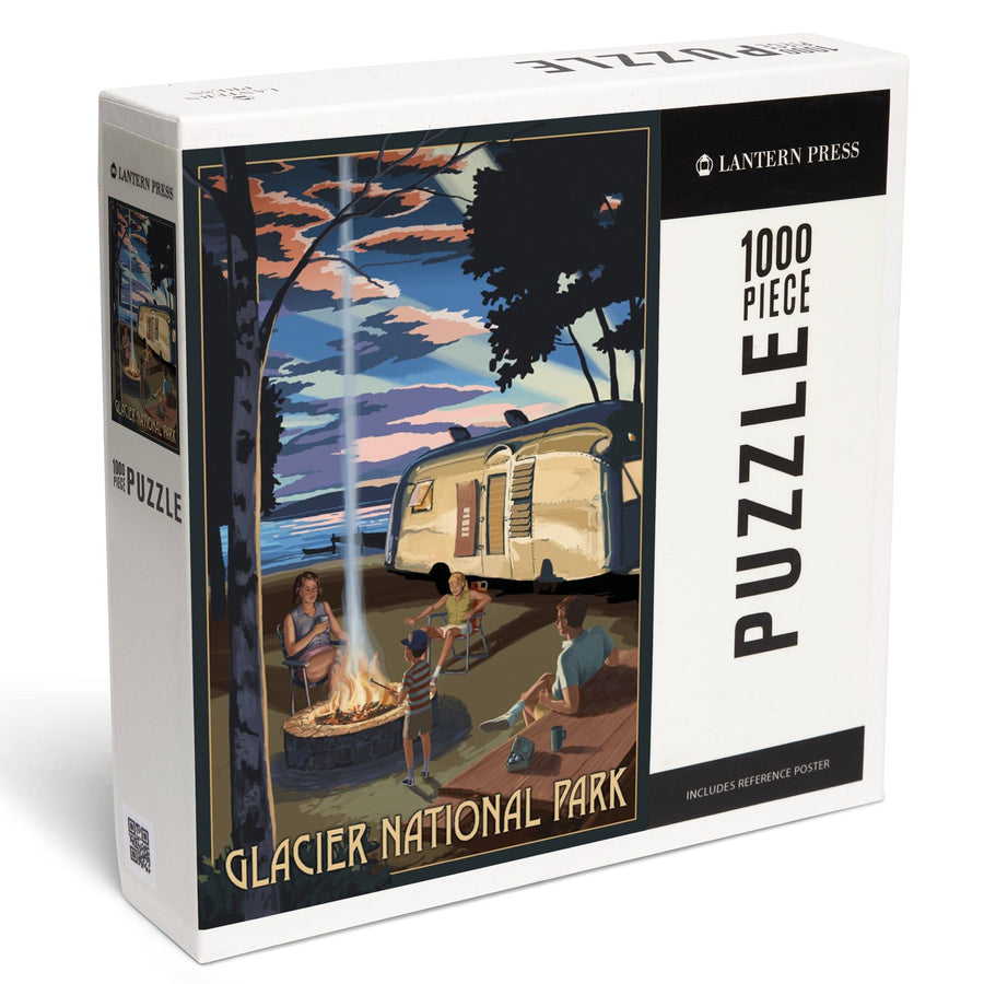 Glacier National Park, Montana, Retro Camper and Lake, Jigsaw Puzzle Puzzle Lantern Press 