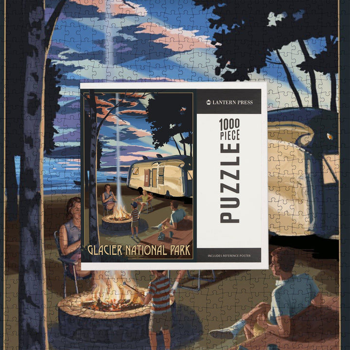 Glacier National Park, Montana, Retro Camper and Lake, Jigsaw Puzzle Puzzle Lantern Press 
