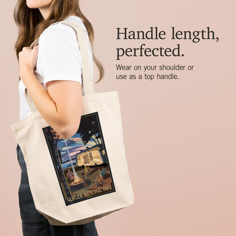 Glacier National Park, Montana, Retro Camper and Lake, Tote Bag Totes Lantern Press 