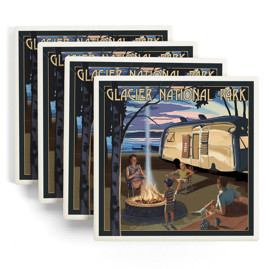 Glacier National Park, Montana, Retro Camper & Lake, Lantern Press Artwork, Coaster Set - Lantern Press