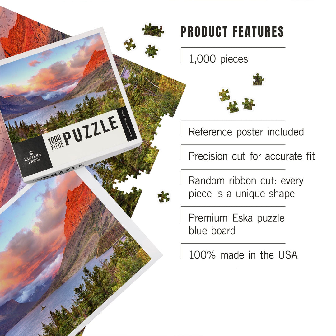 Glacier National Park, Montana, St. Mary Lake and Sunset, Jigsaw Puzzle Puzzle Lantern Press 