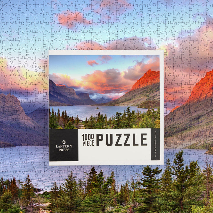 Glacier National Park, Montana, St. Mary Lake and Sunset, Jigsaw Puzzle Puzzle Lantern Press 