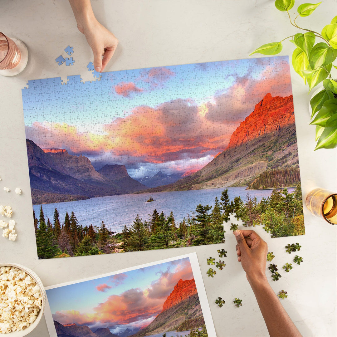 Glacier National Park, Montana, St. Mary Lake and Sunset, Jigsaw Puzzle Puzzle Lantern Press 
