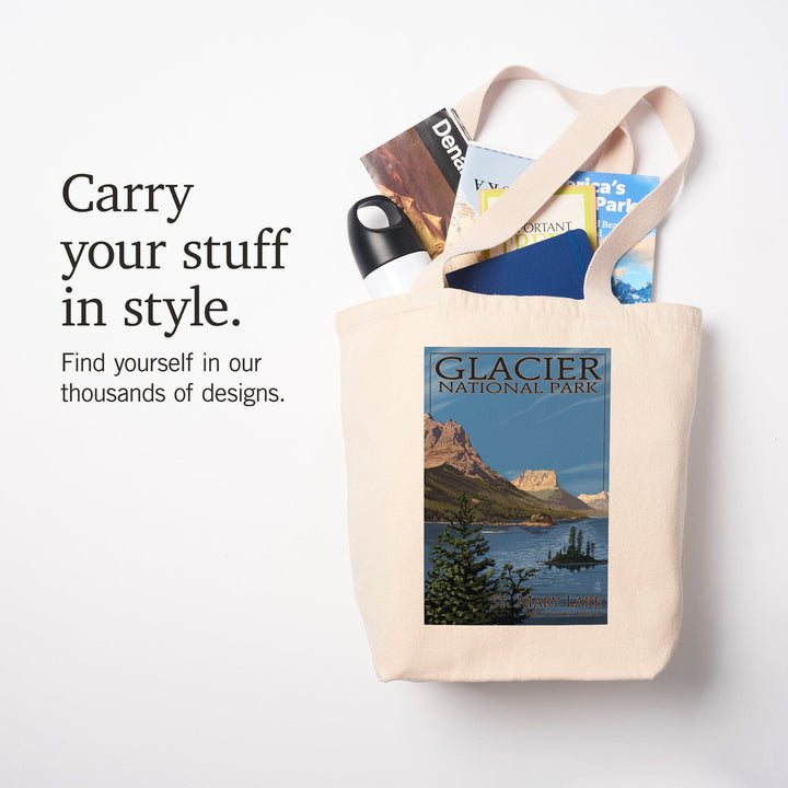 Glacier National Park, Montana, St. Mary Lake, Lantern Press Artwork, Tote Bag Totes Lantern Press 