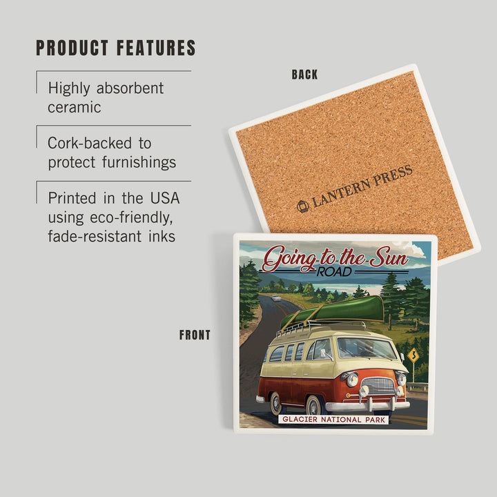 Glacier National Park, Montana, Sun Road, Camper Van and Lake, Coasters Coasters Lantern Press 