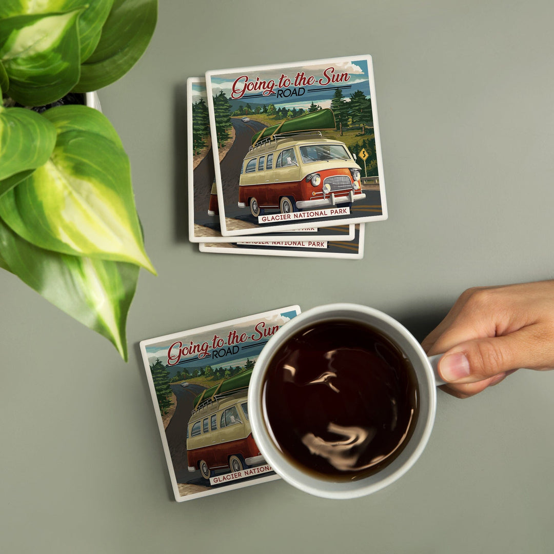 Glacier National Park, Montana, Sun Road, Camper Van and Lake, Coasters Coasters Lantern Press 