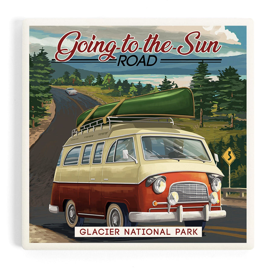 Glacier National Park, Montana, Sun Road, Camper Van and Lake, Coasters Coasters Lantern Press 