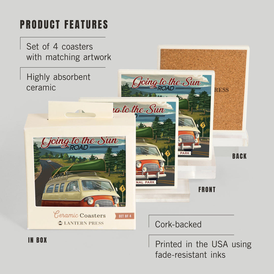 Glacier National Park, Montana, Sun Road, Camper Van and Lake, Coasters Coasters Lantern Press 