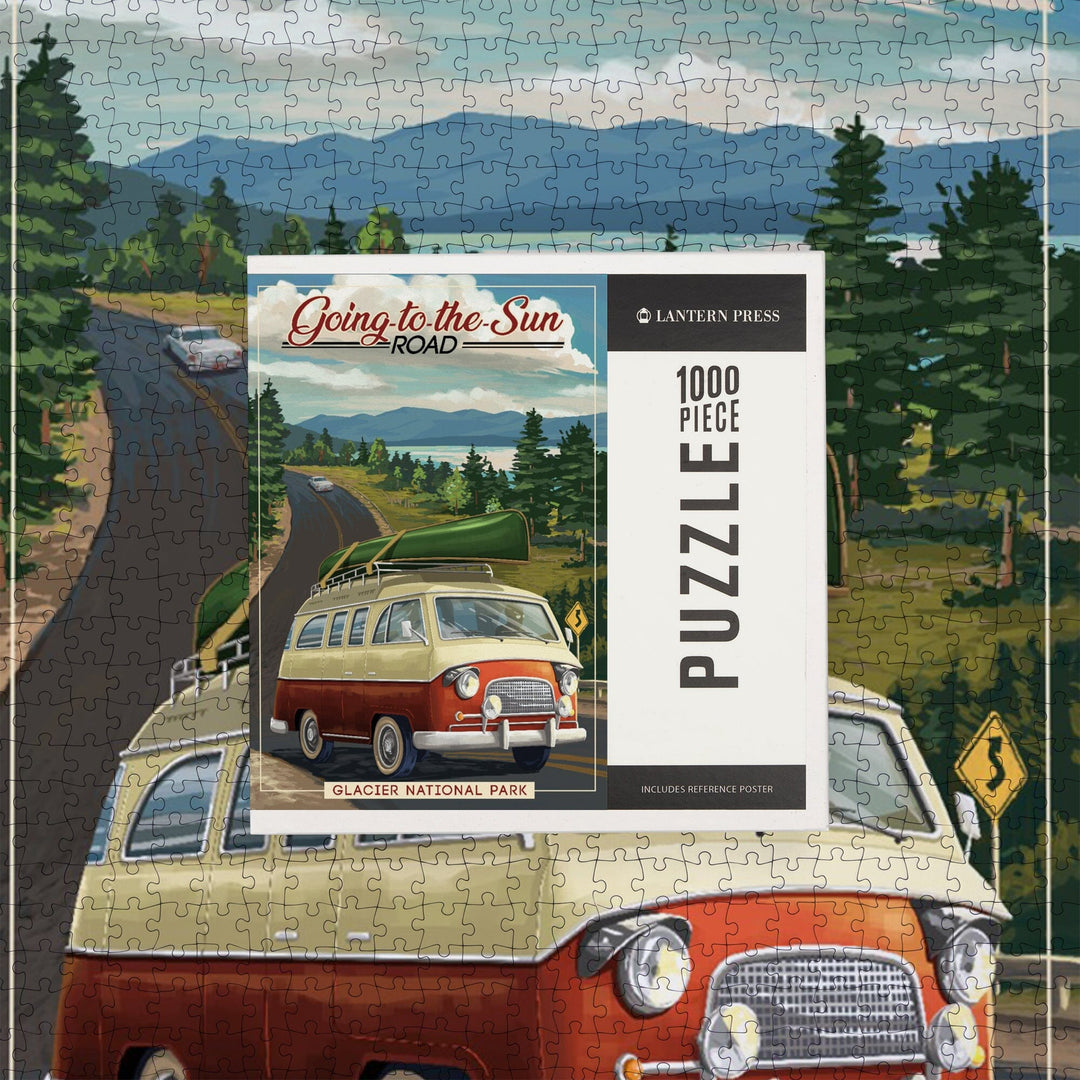 Glacier National Park, Montana, Sun Road, Camper Van and Lake, Jigsaw Puzzle - Lantern Press