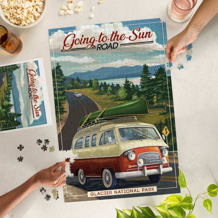 Glacier National Park, Montana, Sun Road, Camper Van and Lake, Jigsaw Puzzle - Lantern Press