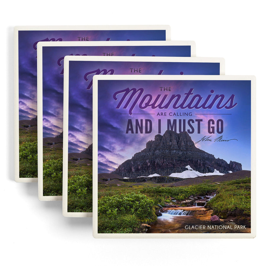 Glacier National Park, Montana, The Mountains are Calling, Lantern Press Photography, Coaster Set - Lantern Press