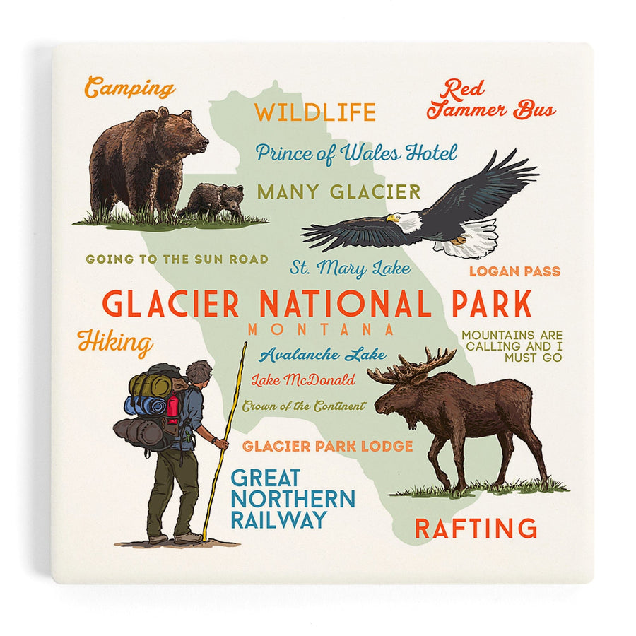 Glacier National Park, Montana, Typography and Icons, Coasters Coasters Lantern Press 