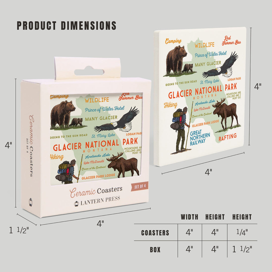 Glacier National Park, Montana, Typography and Icons, Coasters Coasters Lantern Press 