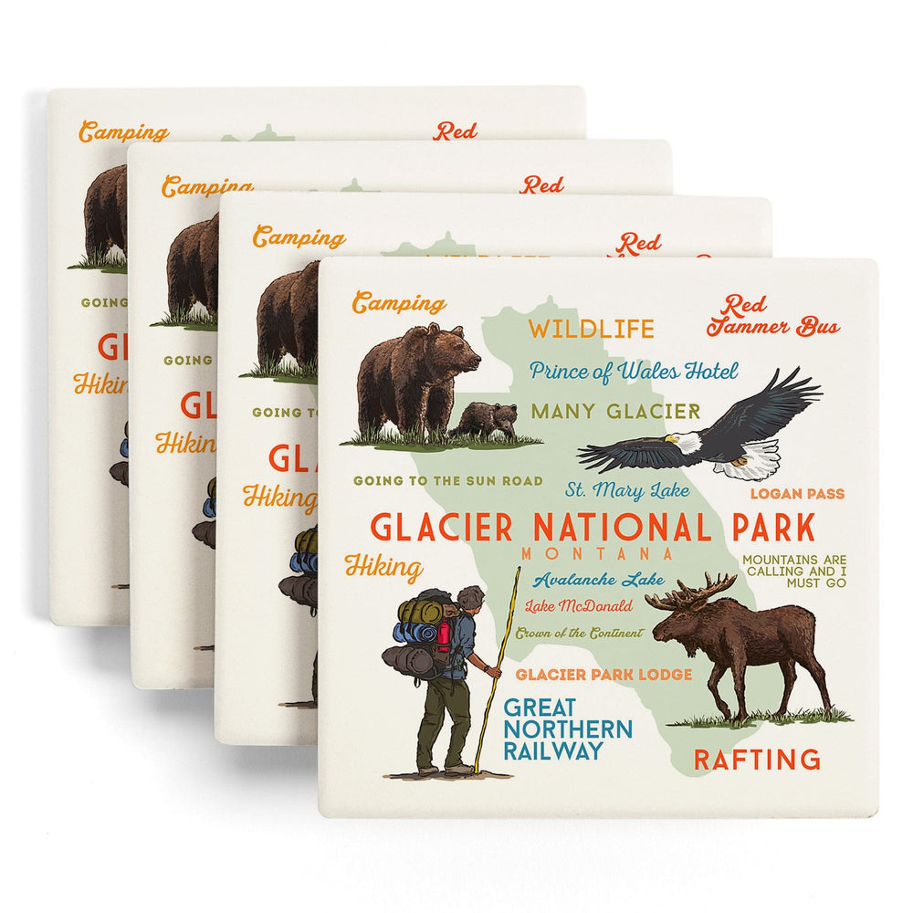Glacier National Park, Montana, Typography and Icons, Coasters Coasters Lantern Press 