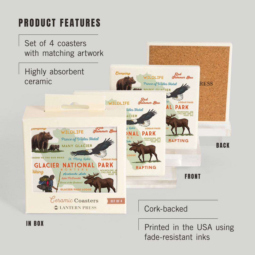 Glacier National Park, Montana, Typography and Icons, Coasters Coasters Lantern Press 