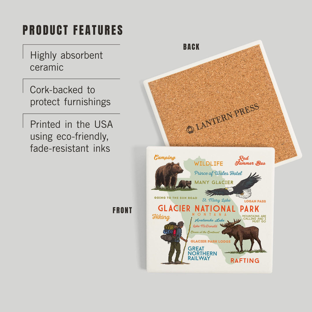 Glacier National Park, Montana, Typography and Icons, Coasters Coasters Lantern Press 