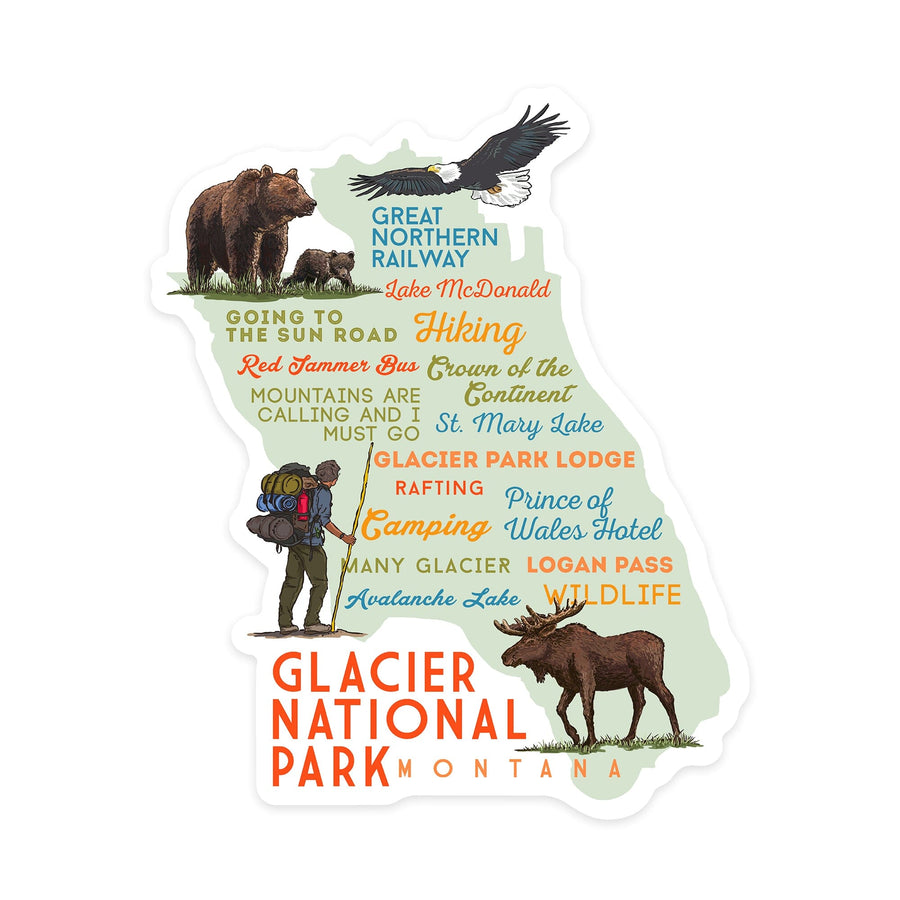 Glacier National Park, Montana, Typography and Icons, Contour, Vinyl Sticker - Lantern Press