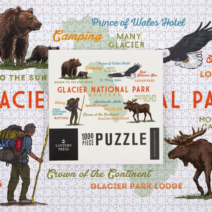 Glacier National Park, Montana, Typography and Icons, Jigsaw Puzzle Puzzle Lantern Press 
