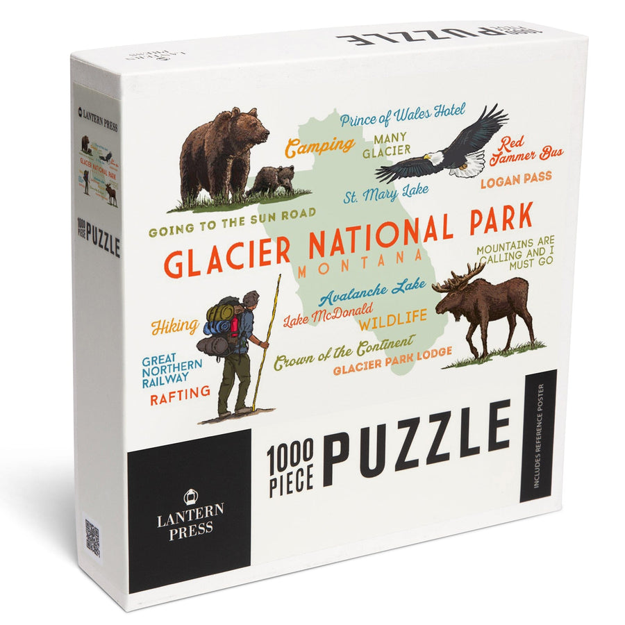 Glacier National Park, Montana, Typography and Icons, Jigsaw Puzzle Puzzle Lantern Press 