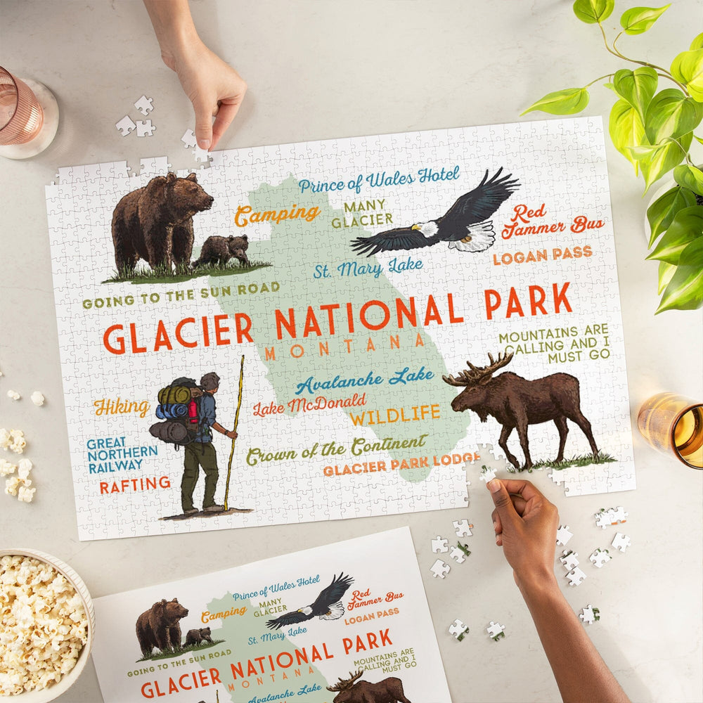 Glacier National Park, Montana, Typography and Icons, Jigsaw Puzzle Puzzle Lantern Press 