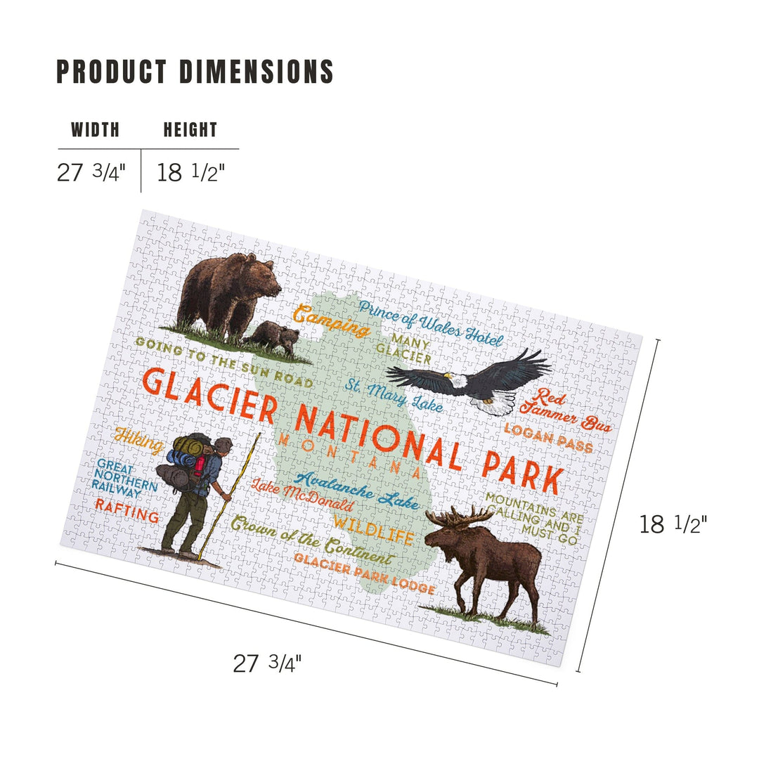 Glacier National Park, Montana, Typography and Icons, Jigsaw Puzzle Puzzle Lantern Press 