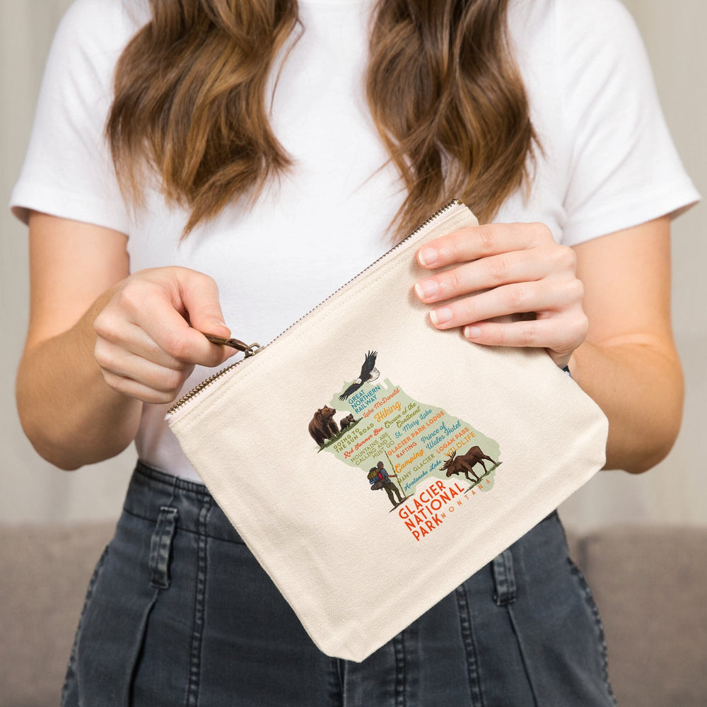 Glacier National Park, Montana, Typography and Icons,, Organic Cotton Zipper Pouch, Go Bag Go Bag Lantern Press 