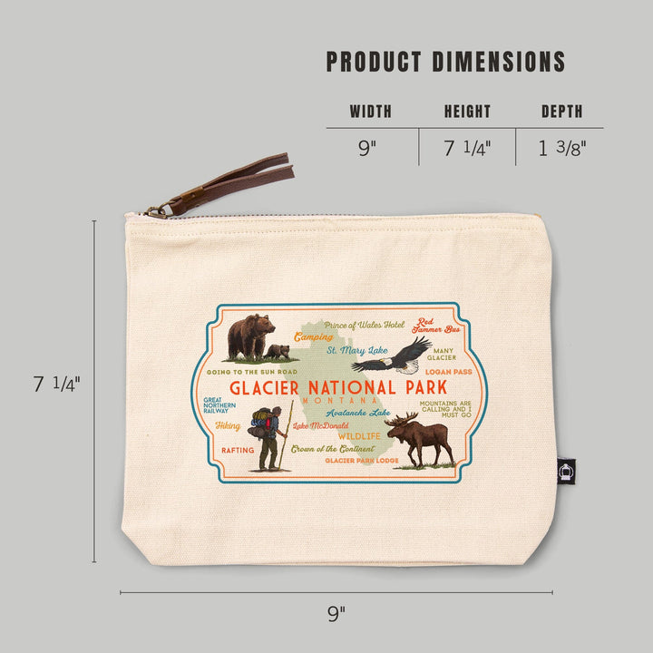 Glacier National Park, Montana, Typography and Icons,, Organic Cotton Zipper Pouch, Go Bag Go Bag Lantern Press 