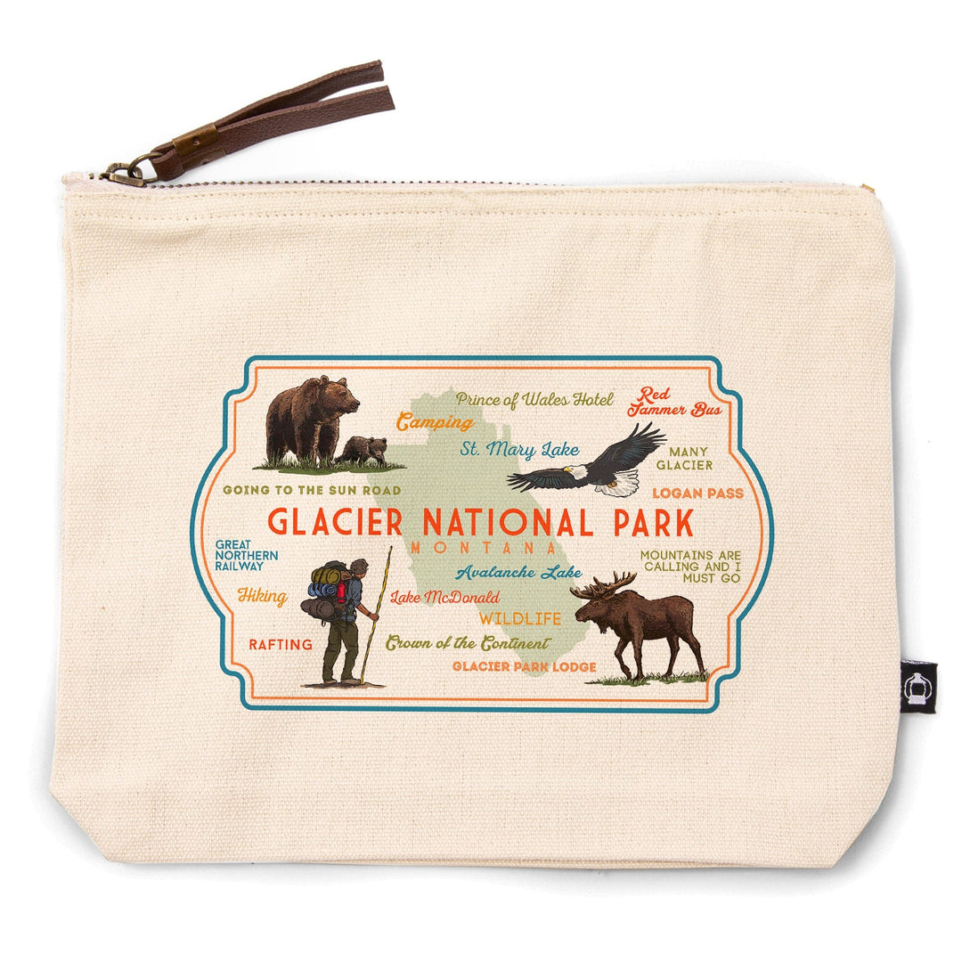 Glacier National Park, Montana, Typography and Icons,, Organic Cotton Zipper Pouch, Go Bag Go Bag Lantern Press 