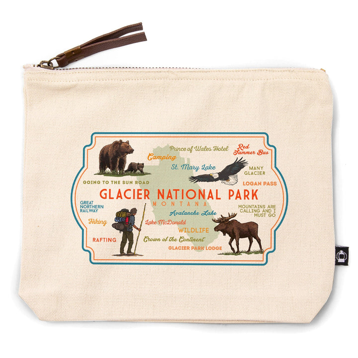 Glacier National Park, Montana, Typography and Icons,, Organic Cotton Zipper Pouch, Go Bag Go Bag Lantern Press 