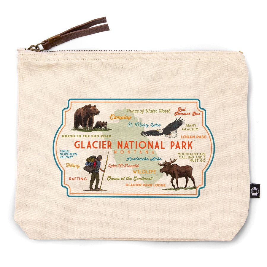 Glacier National Park, Montana, Typography and Icons,, Organic Cotton Zipper Pouch, Go Bag Go Bag Lantern Press 