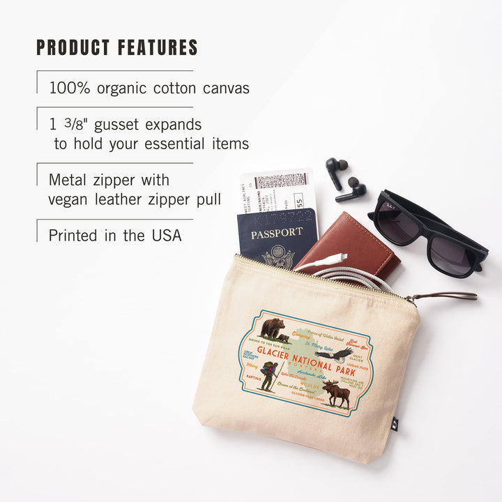 Glacier National Park, Montana, Typography and Icons,, Organic Cotton Zipper Pouch, Go Bag Go Bag Lantern Press 